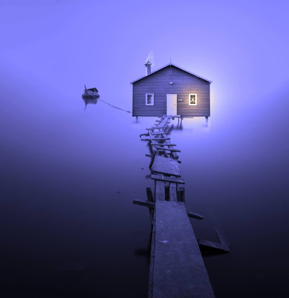 Boat house colourless foggy bank